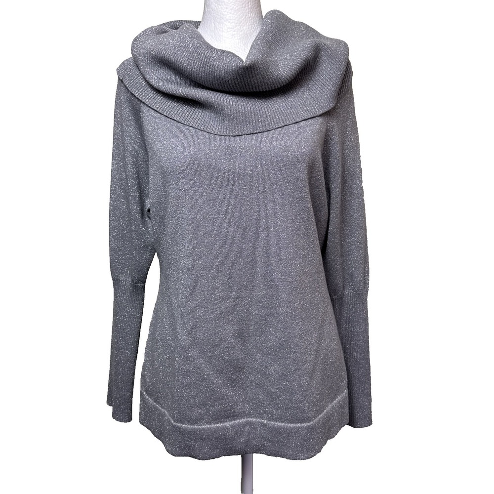 Nine West Grey Metallic Cowl Neck Shimmer Knit‎ Sweater Tunic Cozy Slouchy L